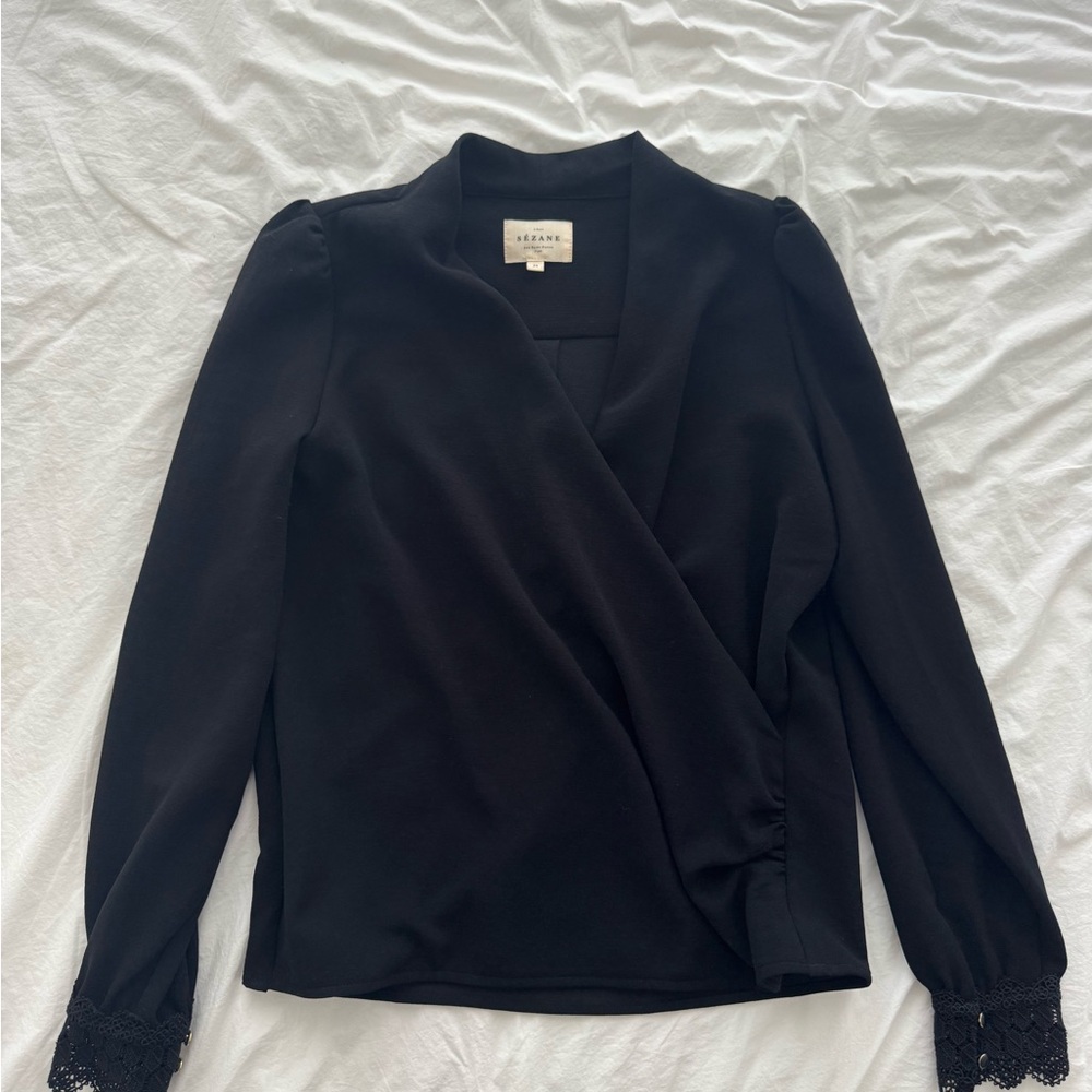 Sezane Black Long Sleeve Wrap Blouse